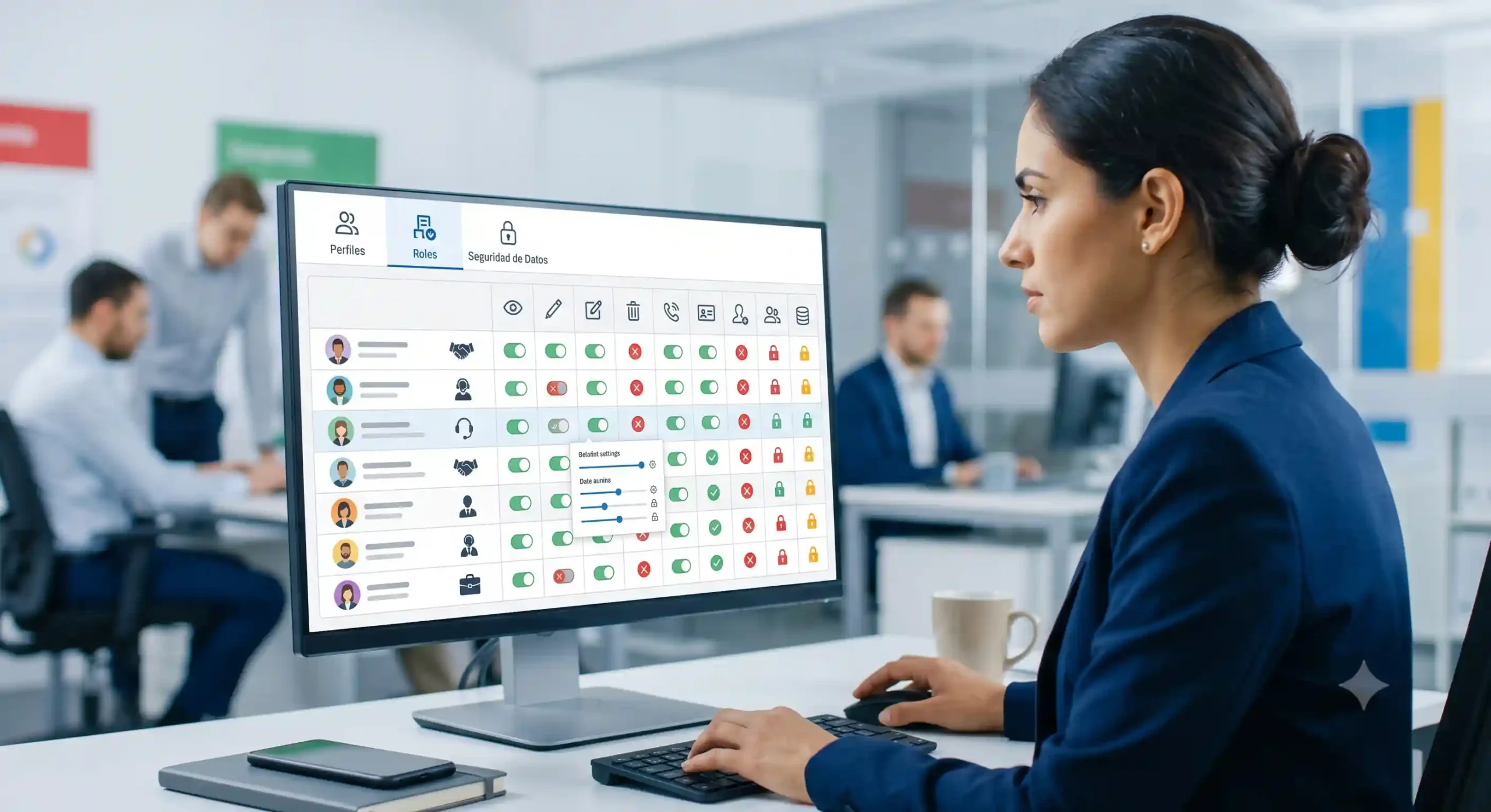 Mujer asignando roles y permisos en Zoho CRM