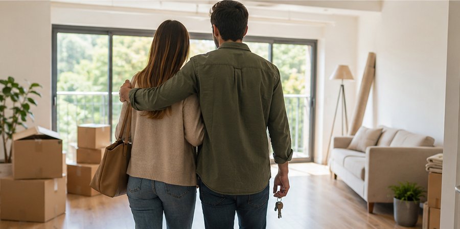 Pareja en primer plano mirando un salón luminoso de una vivienda tras la firma de la compraventa