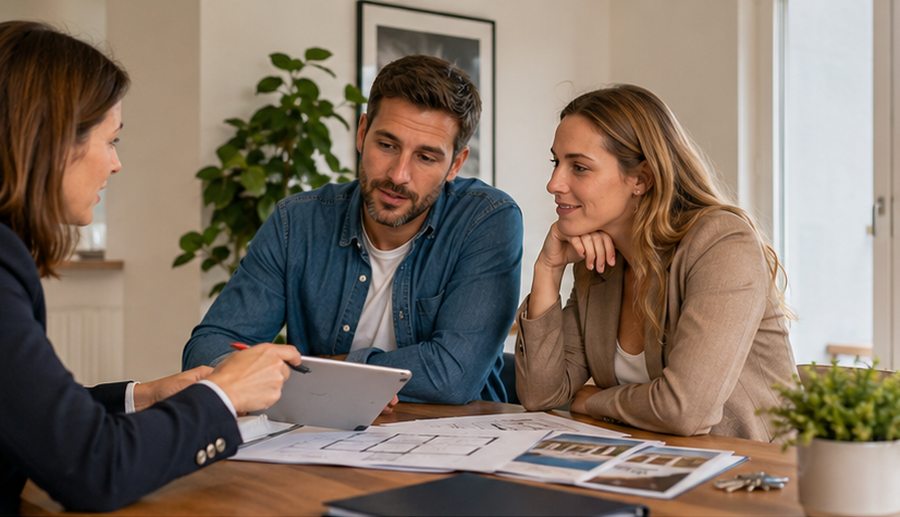 Agente inmobiliario atendiendo a una pareja de clientes durante la visita a una vivienda