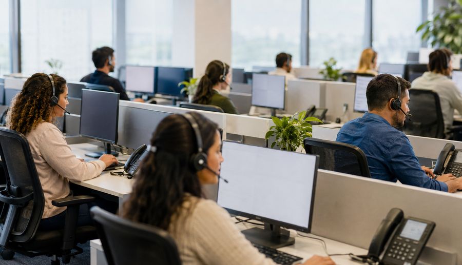 Agentes de un call center con auriculares atienden llamadas frente a sus pantallas en una oficina abierta con luz natural.