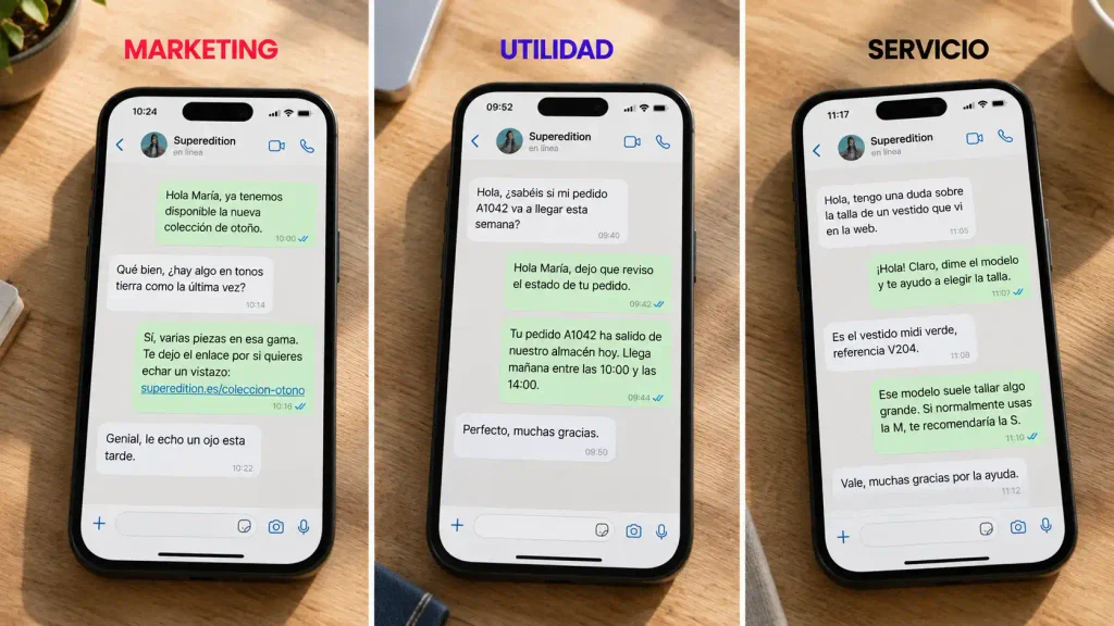 Tres móviles con conversaciones de WhatsApp Business que ilustran las categorías de mensaje marketing, utilidad y servicio