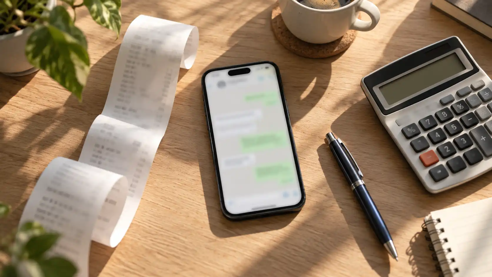 Escritorio con un móvil, un tique de caja largo y una calculadora que representan el coste por mensaje de WhatsApp Business API
