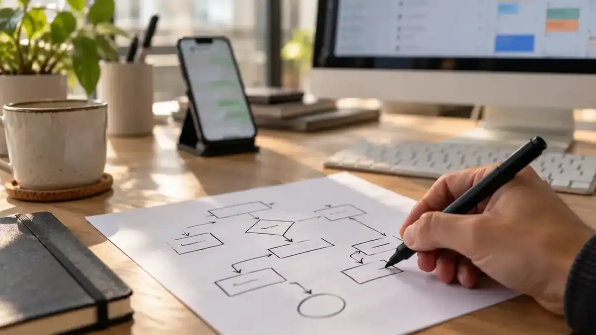 Persona dibujando a mano un diagrama de flujo sobre papel junto a un móvil con WhatsApp, para rediseñar un flujo conversacional
