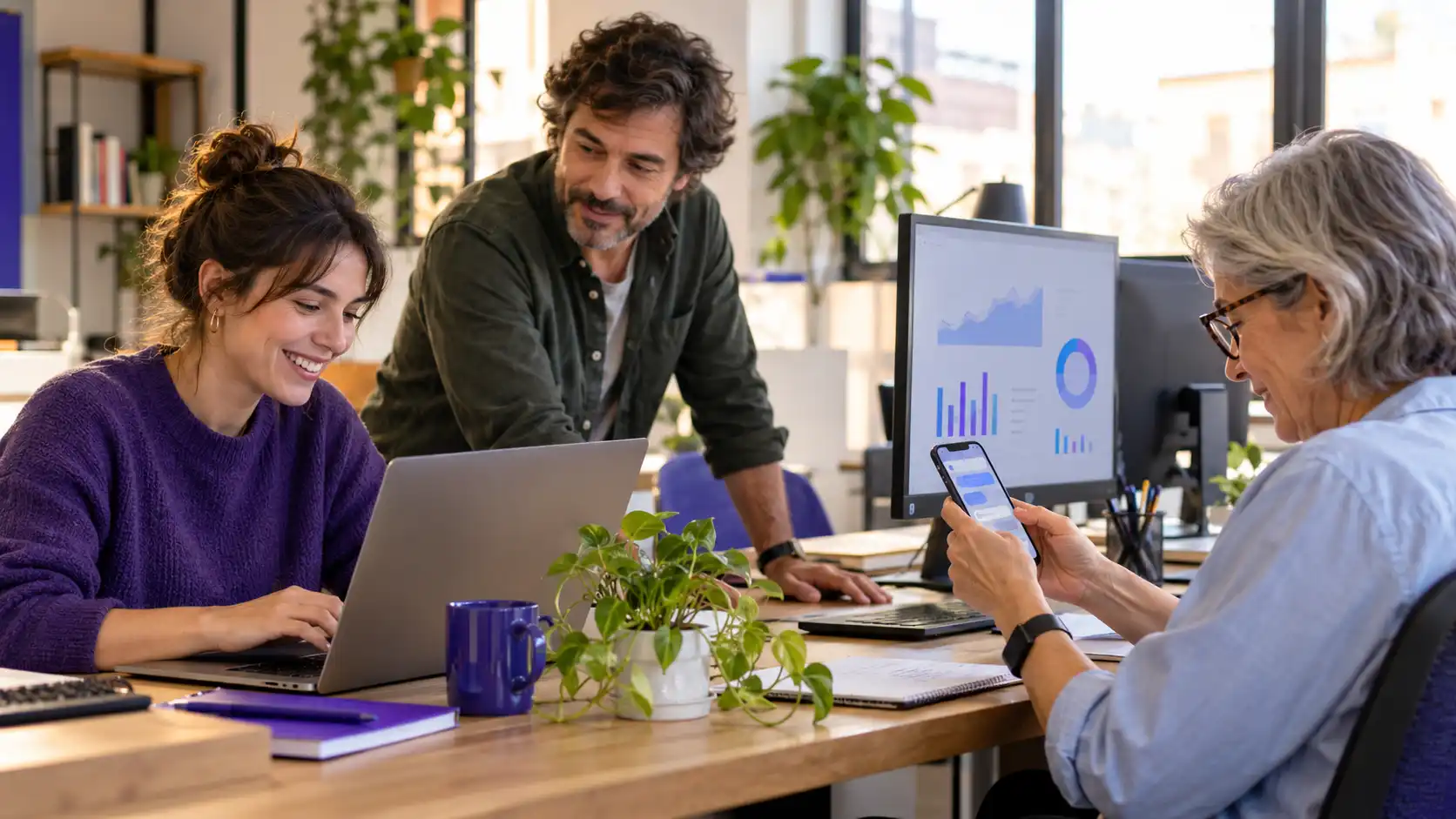 Equipo en una oficina con portátil, monitor con gráficos y un móvil con un chat, trabajando en un chatbot de IA para WhatsApp