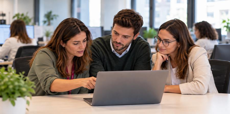 Tres personas de distintos equipos conversando alrededor de un portátil en una mesa despejada