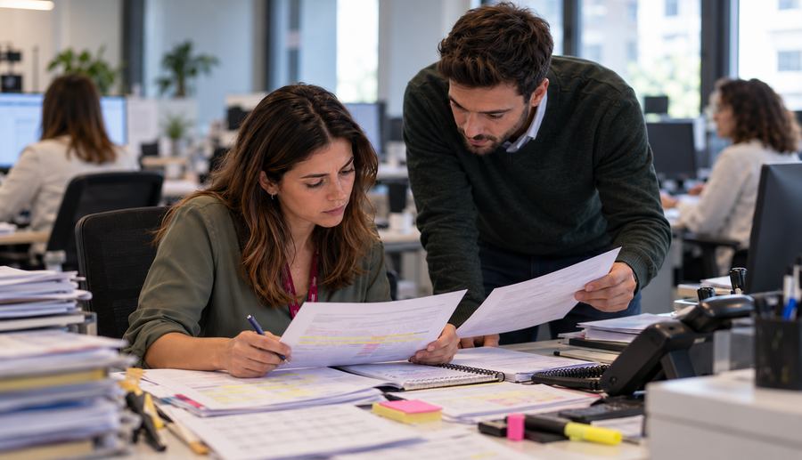 Dos personas del equipo de admisiones revisando a mano listados impresos de solicitudes en una mesa de oficina